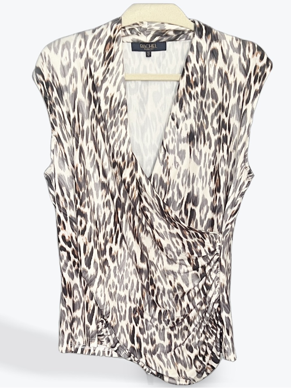 Rachel Zoe Leopard-Print Faux Wrap Cap Sleeve Top in Cream and Brown